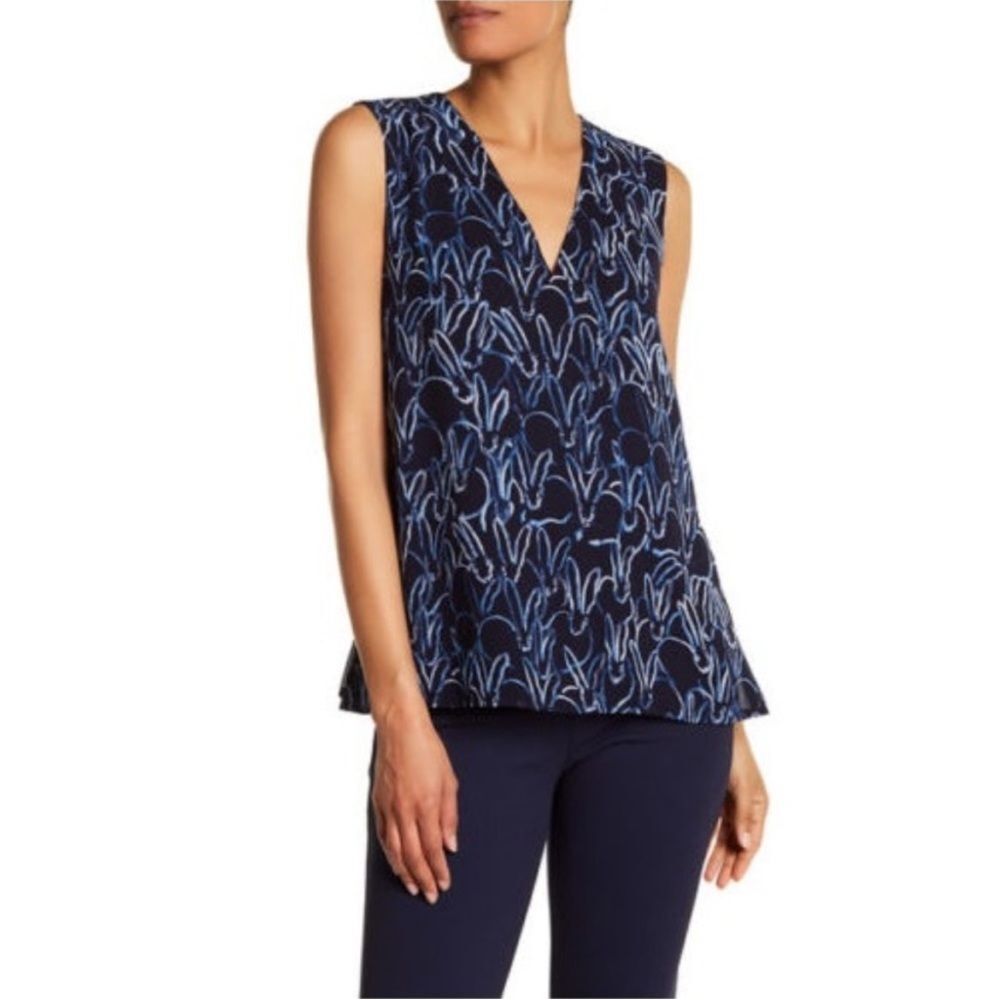Grey Jason Wu Bunny Print Sleeveless Sheer Blouse Top in Marine Blue 12